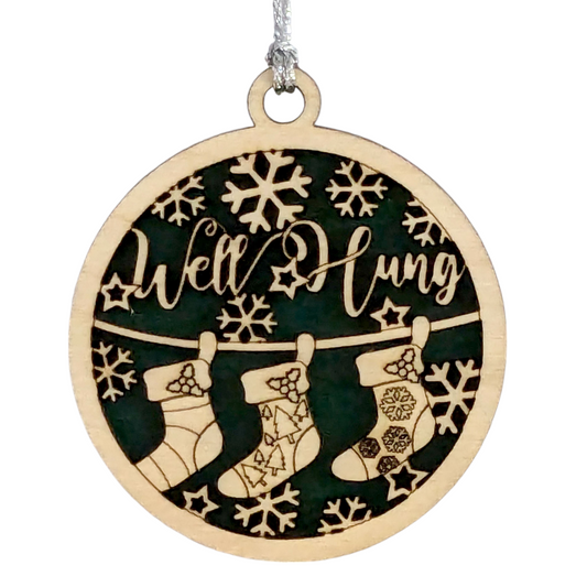 Naughty Christmas 3" Wood Ornament - Well Hung Stockings Funny Adult Humor - Handcrafted Laser Cut Round Tree Decor - Oregon USA Made Gag Gift
