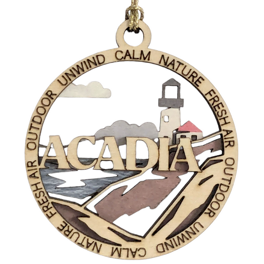 Acadia National Park Lighthouse - 3" Round Wood Christmas Ornament, Handmade in USA, 2-Layer Laser Cut with Color Artwork