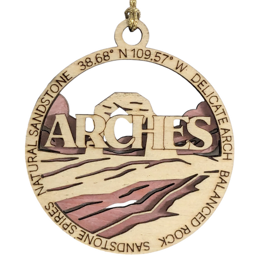 Arches National Park Christmas Ornament - 3" Handcrafted Wood, Laser Cut 2-Layer Design with Color Scene - Utah Gift, Made in USA