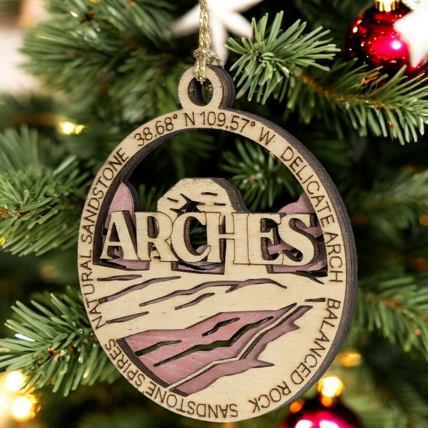 Arches National Park Christmas Ornament - 3" Handcrafted Wood, Laser Cut 2-Layer Design with Color Scene - Utah Gift, Made in USA