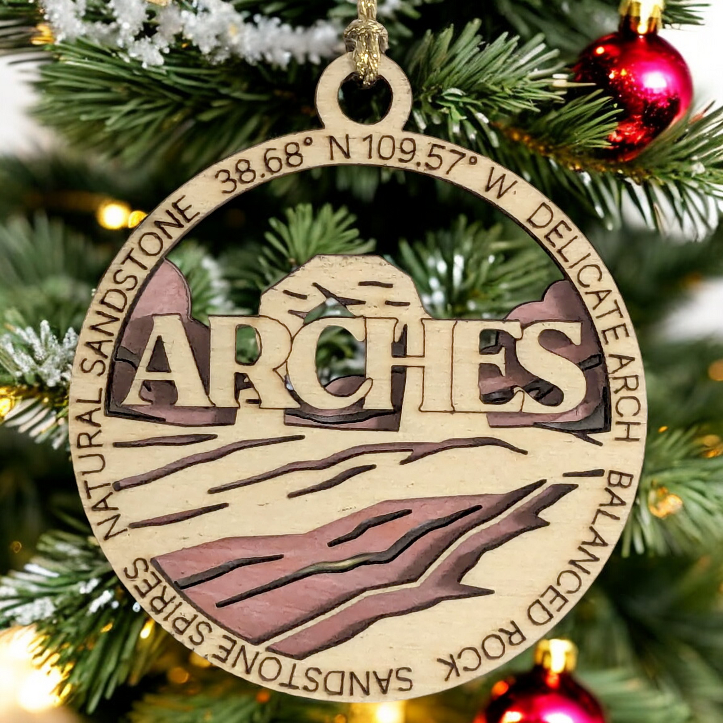 Arches National Park Christmas Ornament - 3" Handcrafted Wood, Laser Cut 2-Layer Design with Color Scene - Utah Gift, Made in USA