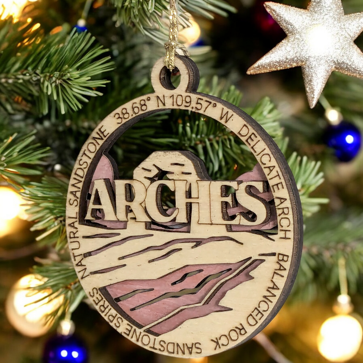 Arches National Park Christmas Ornament - 3" Handcrafted Wood, Laser Cut 2-Layer Design with Color Scene - Utah Gift, Made in USA