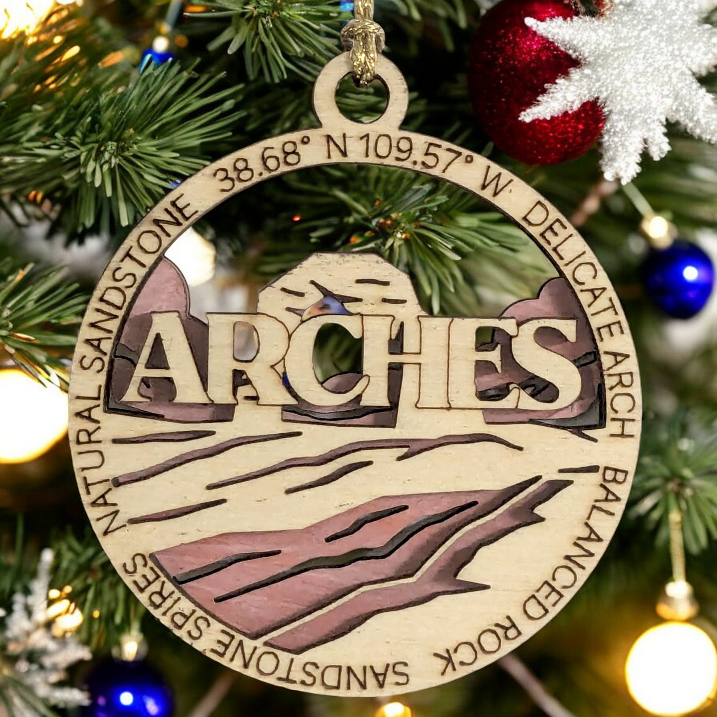 Arches National Park Christmas Ornament - 3" Handcrafted Wood, Laser Cut 2-Layer Design with Color Scene - Utah Gift, Made in USA