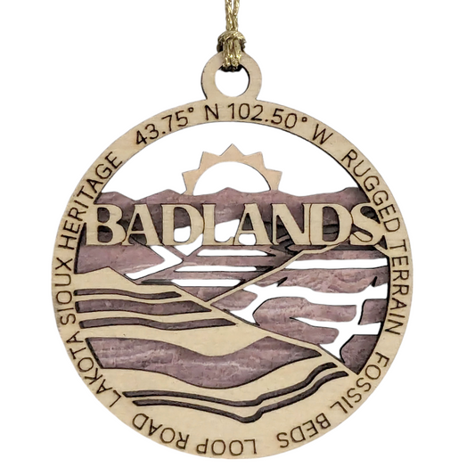 Badlands National Park Scene - 3" Wooden Christmas Ornament, Fossil Beds, Lakota Sioux Heritage, Handcrafted in Oregon