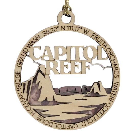 Capitol Reef National Park Wood Handcrafted Ornament - 3" Round Christmas Decoration, Made in USA, Featuring Iconic Landmarks