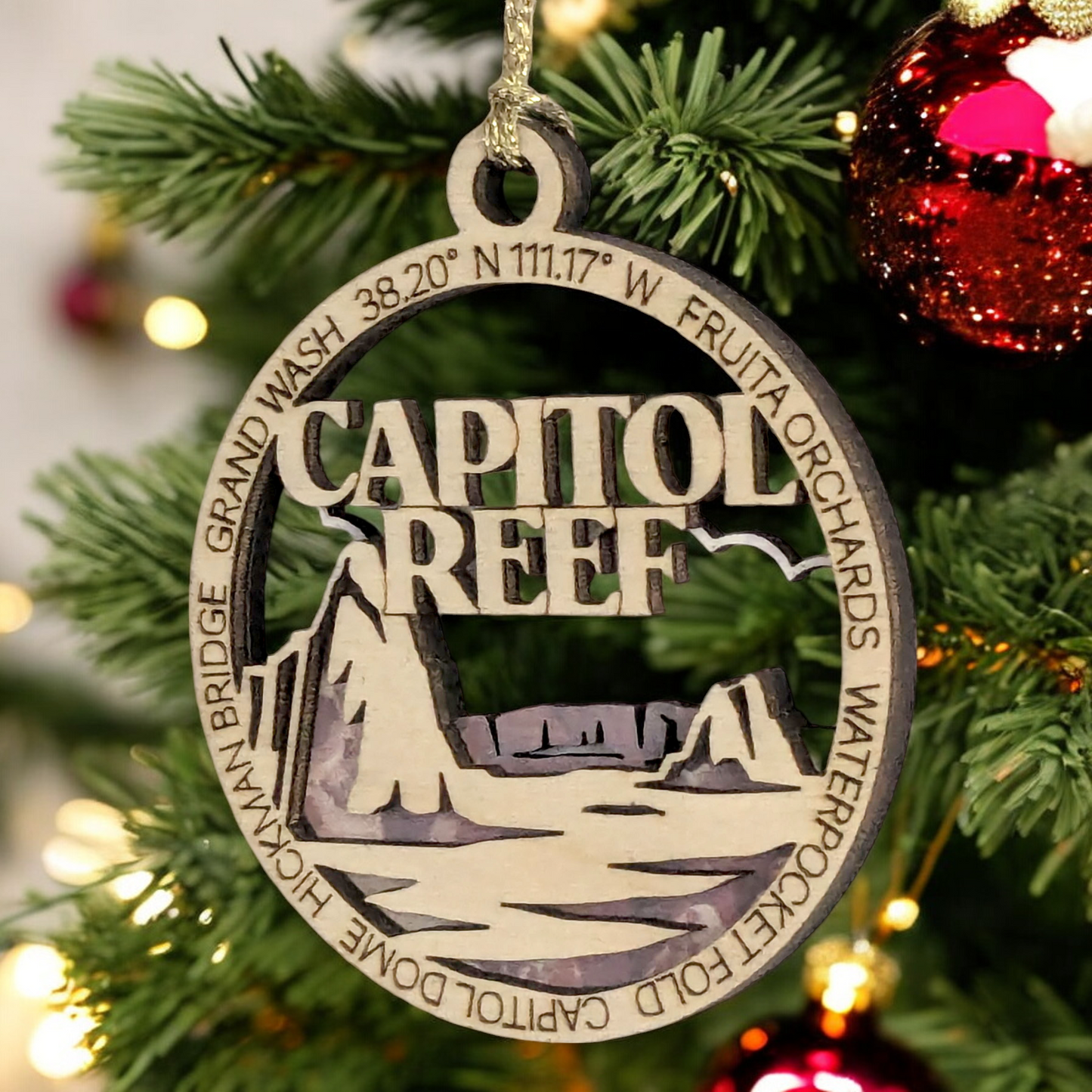 Capitol Reef National Park Wood Handcrafted Ornament - 3" Round Christmas Decoration, Made in USA, Featuring Iconic Landmarks