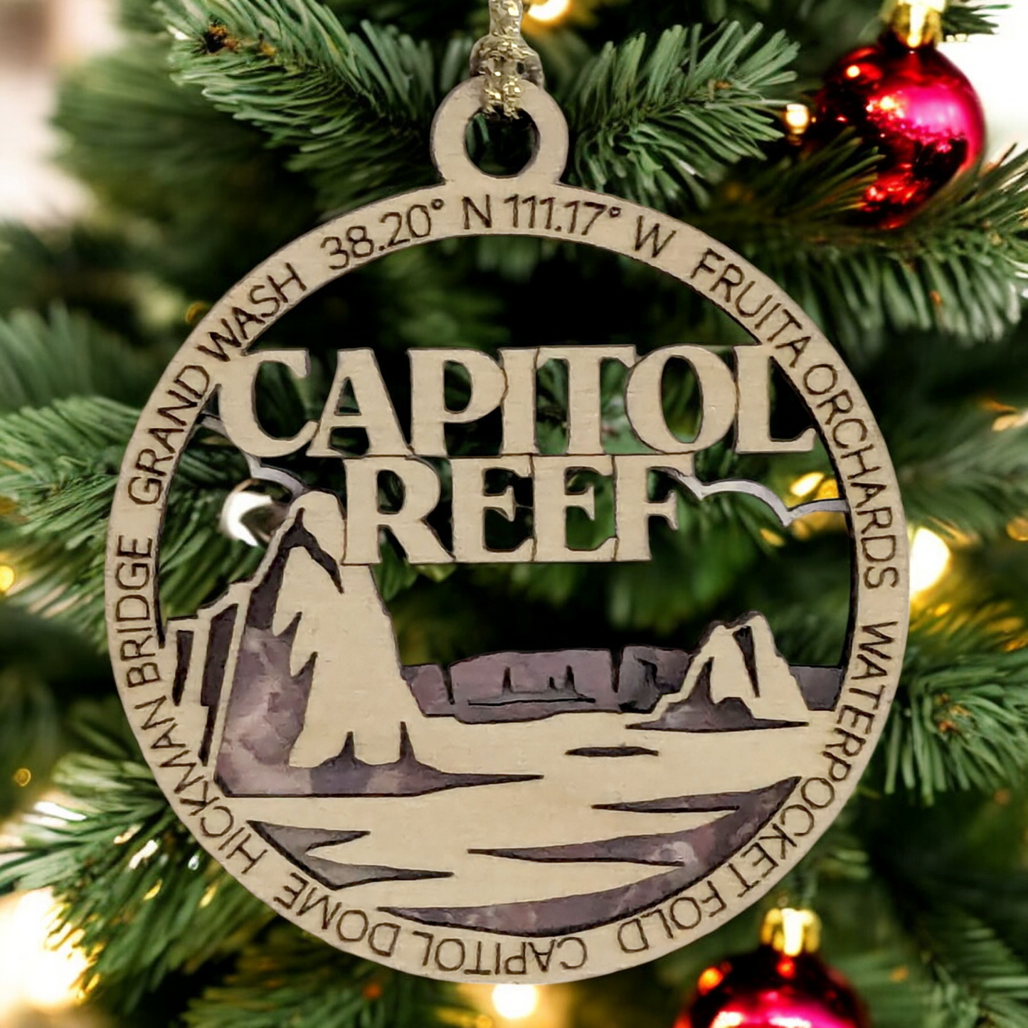 Capitol Reef National Park Wood Handcrafted Ornament - 3" Round Christmas Decoration, Made in USA, Featuring Iconic Landmarks
