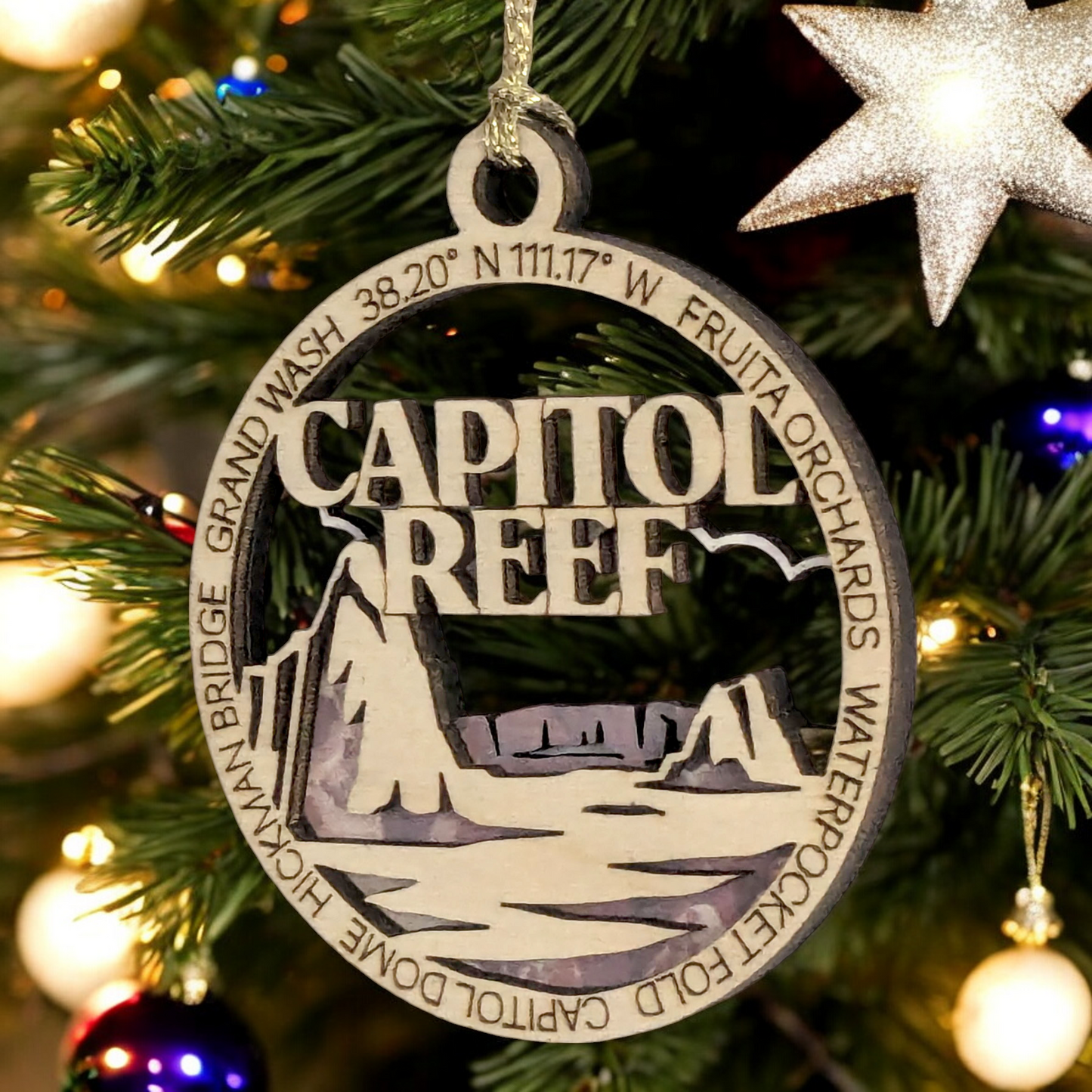 Capitol Reef National Park Wood Handcrafted Ornament - 3" Round Christmas Decoration, Made in USA, Featuring Iconic Landmarks