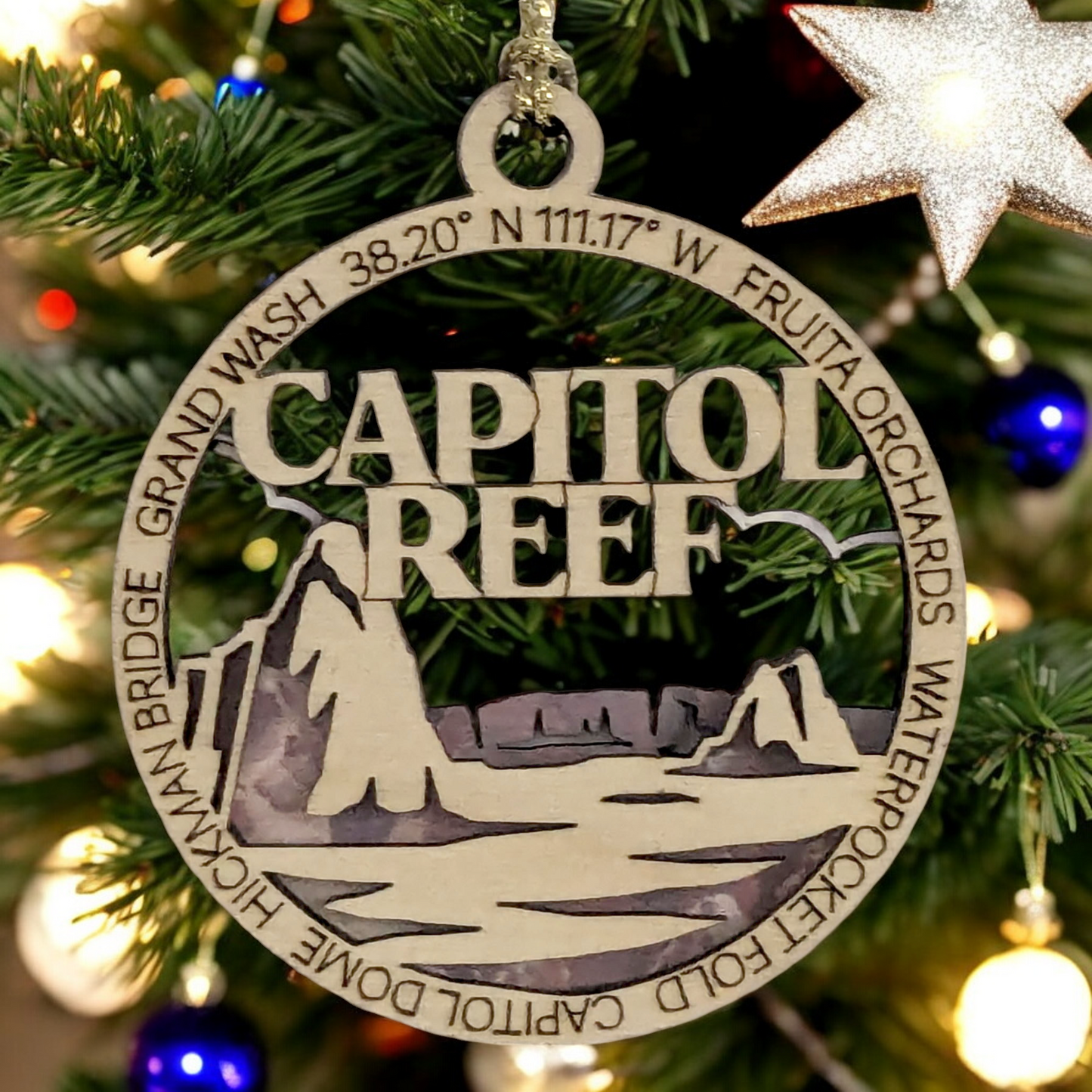 Capitol Reef National Park Wood Handcrafted Ornament - 3" Round Christmas Decoration, Made in USA, Featuring Iconic Landmarks