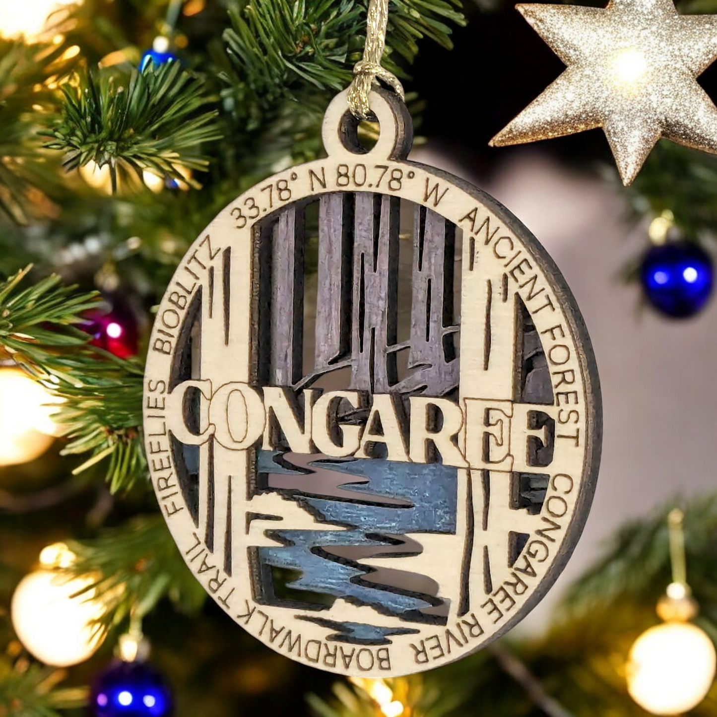 Congaree National Park Handcrafted Wood Ornament - 3" Laser Cut Christmas Decoration with Ancient Forest Scene