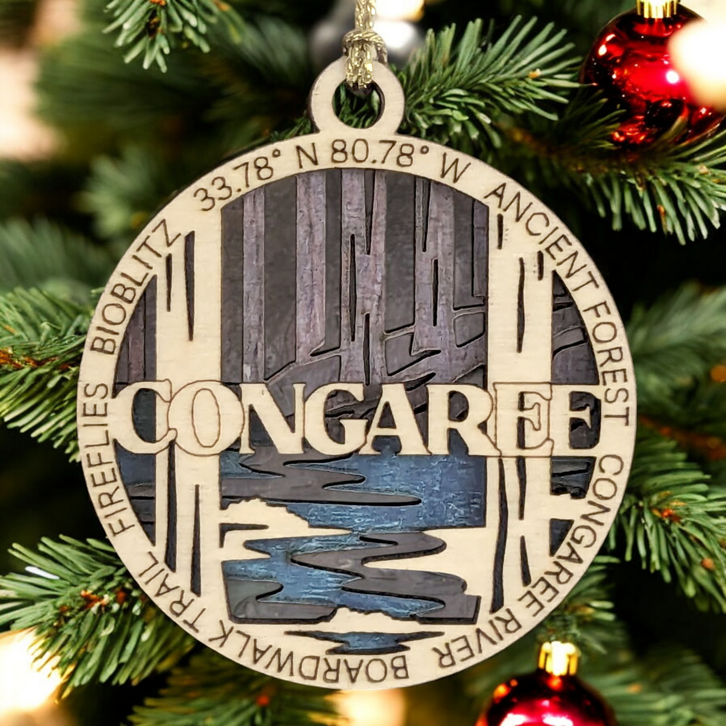 Congaree National Park Handcrafted Wood Ornament - 3" Laser Cut Christmas Decoration with Ancient Forest Scene