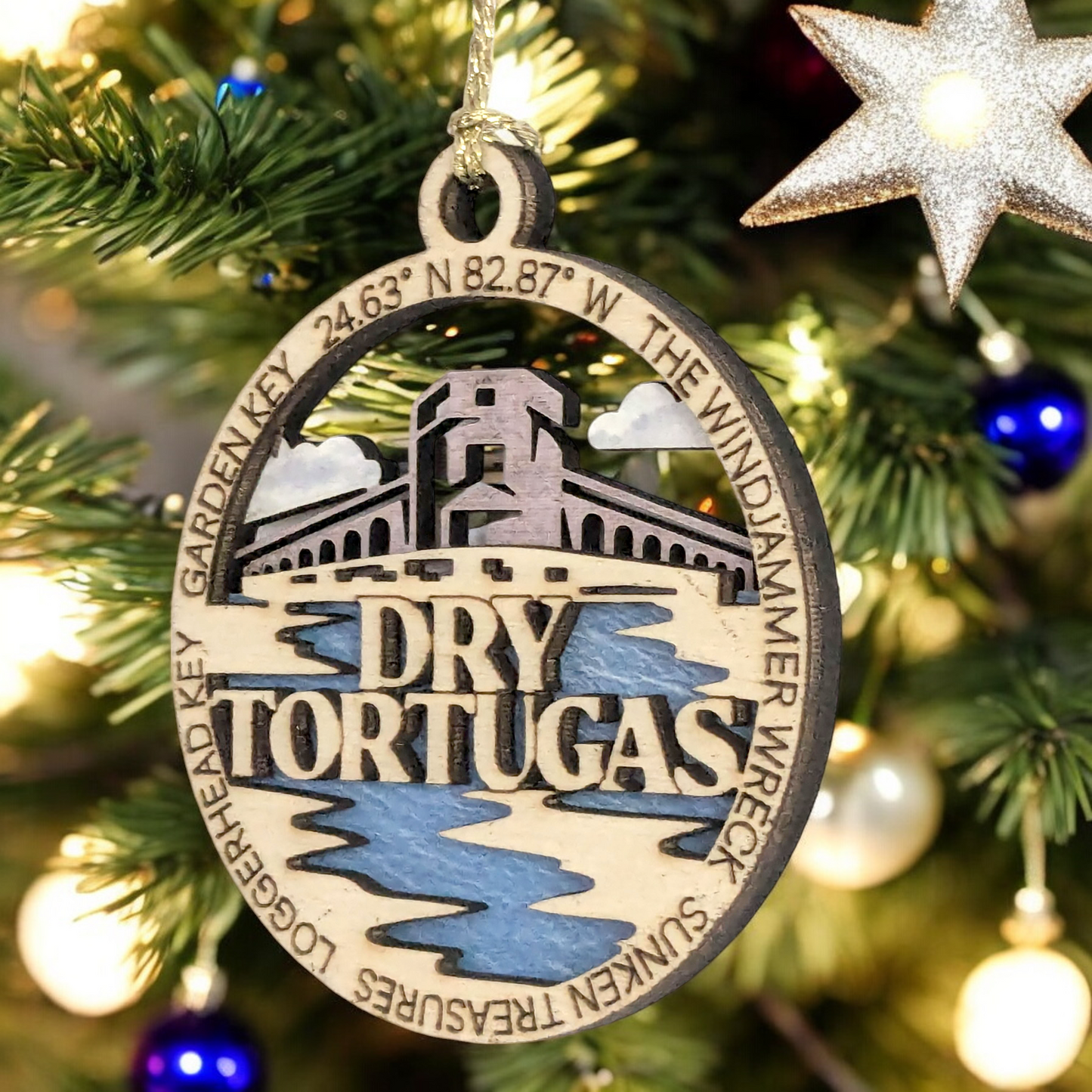 Dry Tortugas National Park Wood Christmas Decoration, Garden Key Fort Jefferson Ornament - 3" Laser Cut with Park Scene