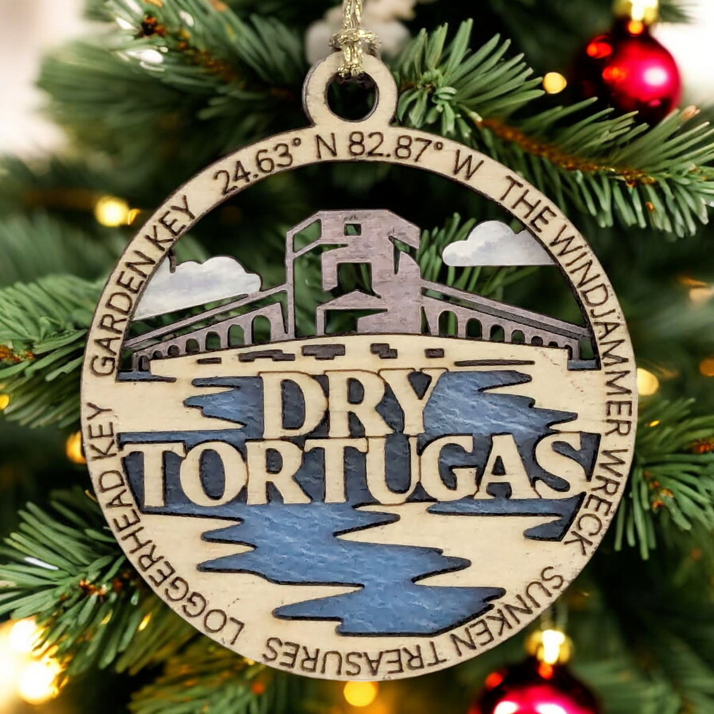 Dry Tortugas National Park Wood Christmas Decoration, Garden Key Fort Jefferson Ornament - 3" Laser Cut with Park Scene