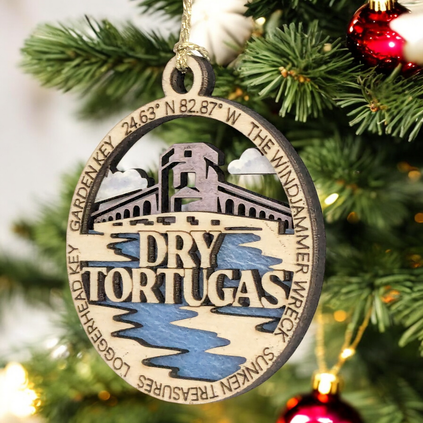 Dry Tortugas National Park Wood Christmas Decoration, Garden Key Fort Jefferson Ornament - 3" Laser Cut with Park Scene