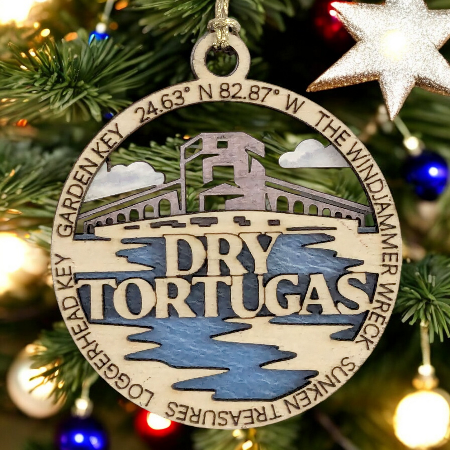 Dry Tortugas National Park Wood Christmas Decoration, Garden Key Fort Jefferson Ornament - 3" Laser Cut with Park Scene