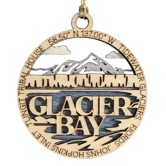 Glacier Bay National Park Scene showcasing Glacier Bay's Tidewater Glaciers & Fjords - 2-Layer Wood Ornament, 3" Round, Laser Cut, Made in USA