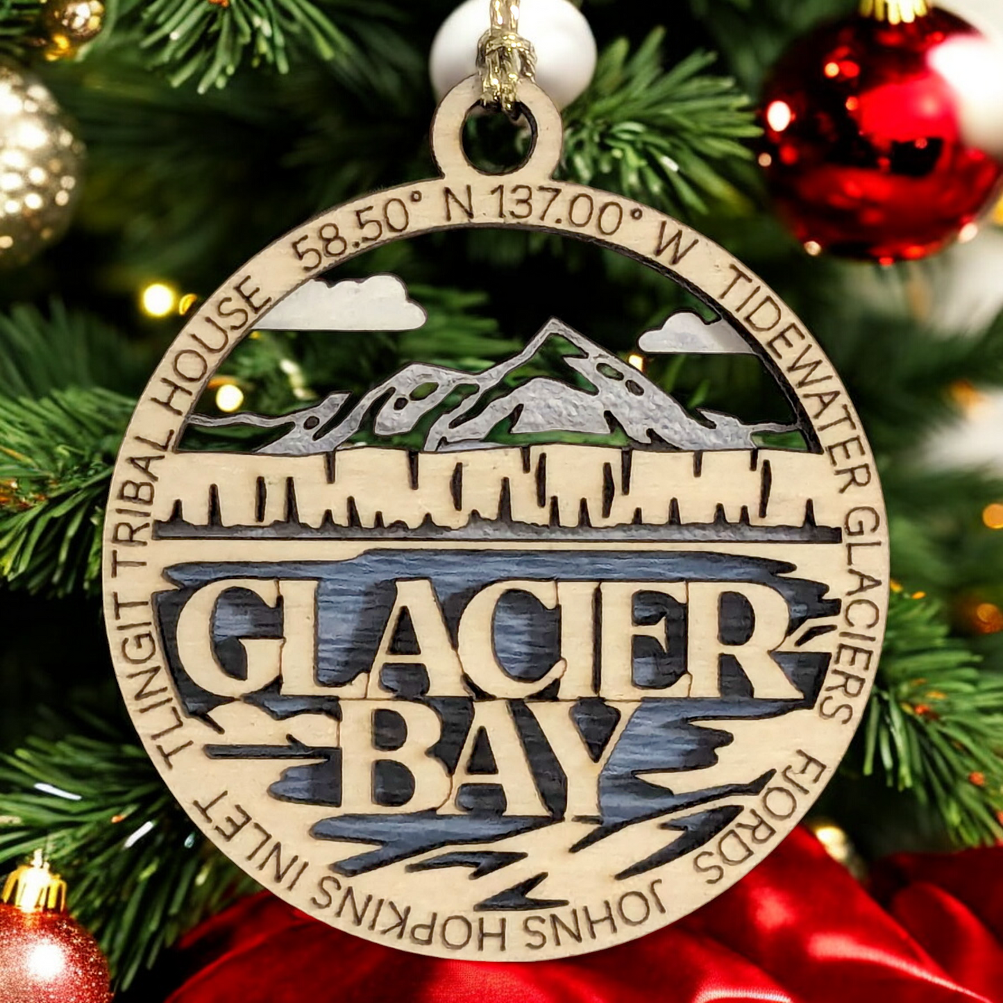 Glacier Bay National Park Scene showcasing Glacier Bay's Tidewater Glaciers & Fjords - 2-Layer Wood Ornament, 3" Round, Laser Cut, Made in USA