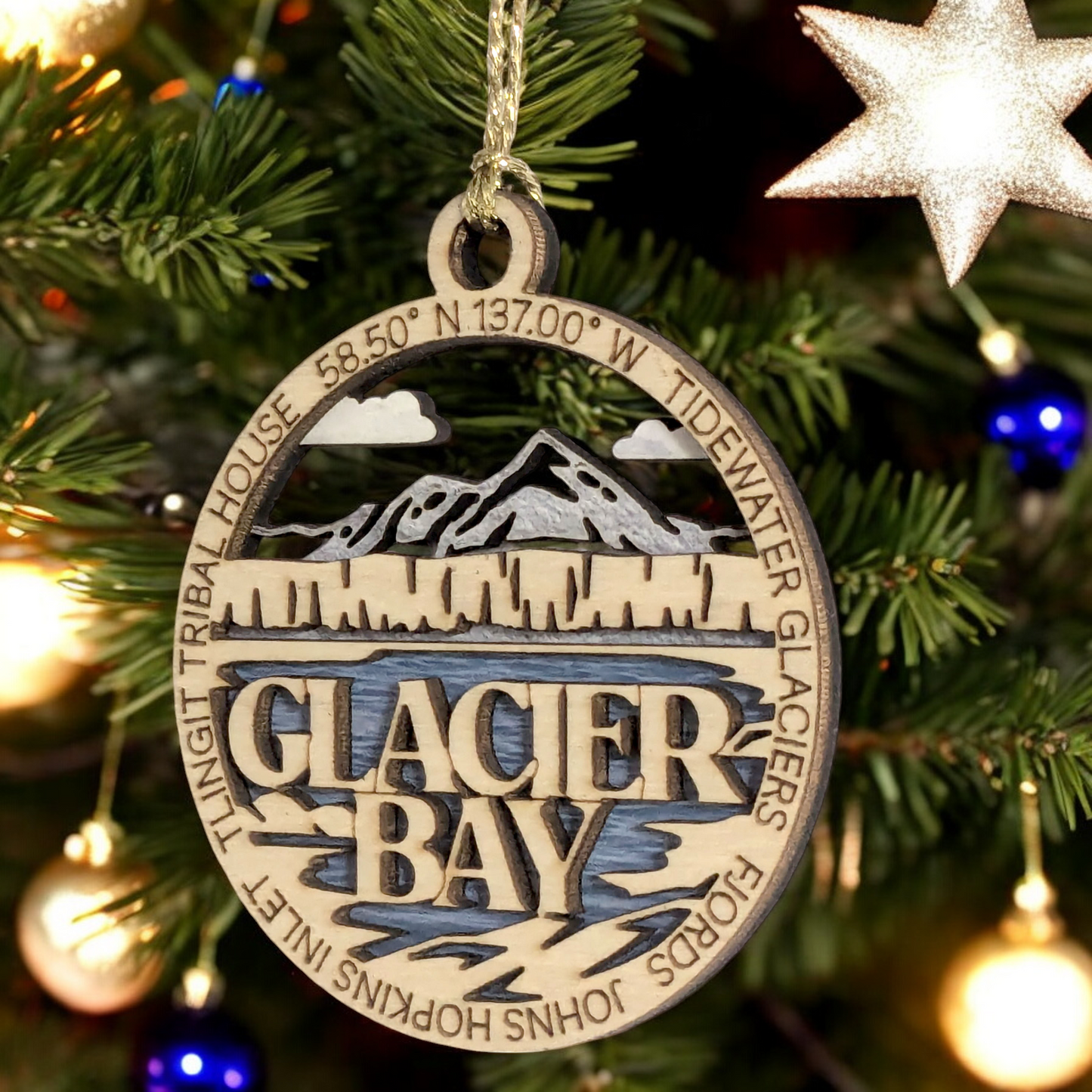 Glacier Bay National Park Scene showcasing Glacier Bay's Tidewater Glaciers & Fjords - 2-Layer Wood Ornament, 3" Round, Laser Cut, Made in USA