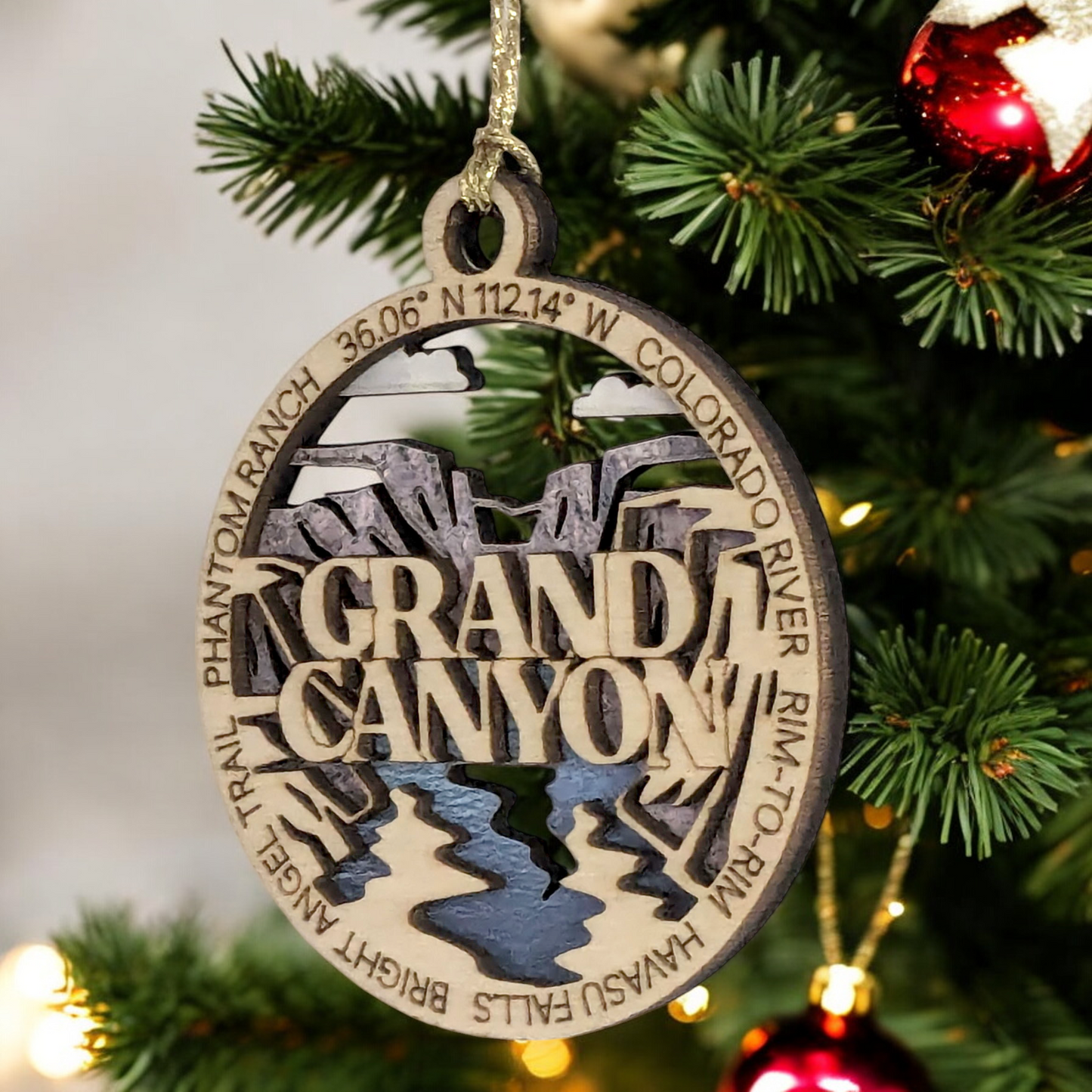 Grand Canyon National Park Handcrafted Christmas Ornament - 3" Wood Laser Cut Souvenir with Colorado River Scene - Made in USA