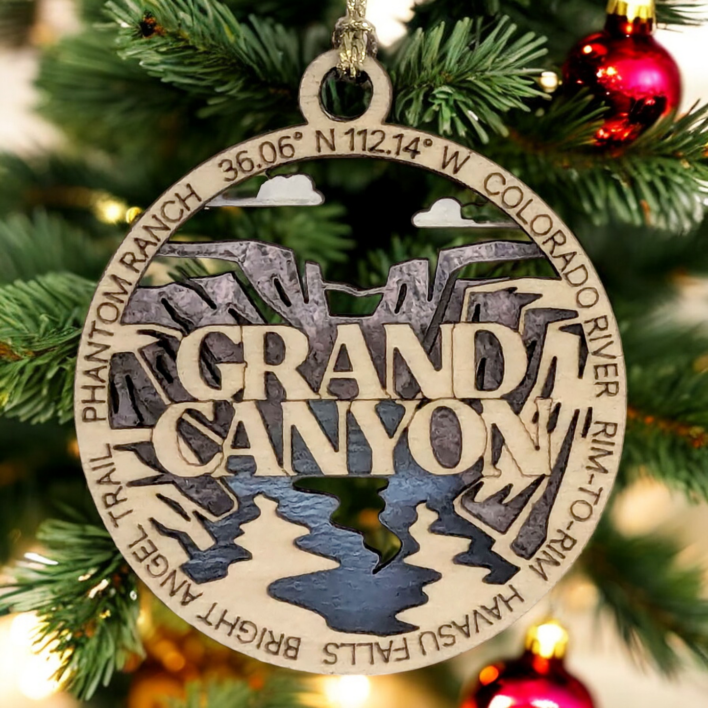 Grand Canyon National Park Handcrafted Christmas Ornament - 3" Wood Laser Cut Souvenir with Colorado River Scene - Made in USA