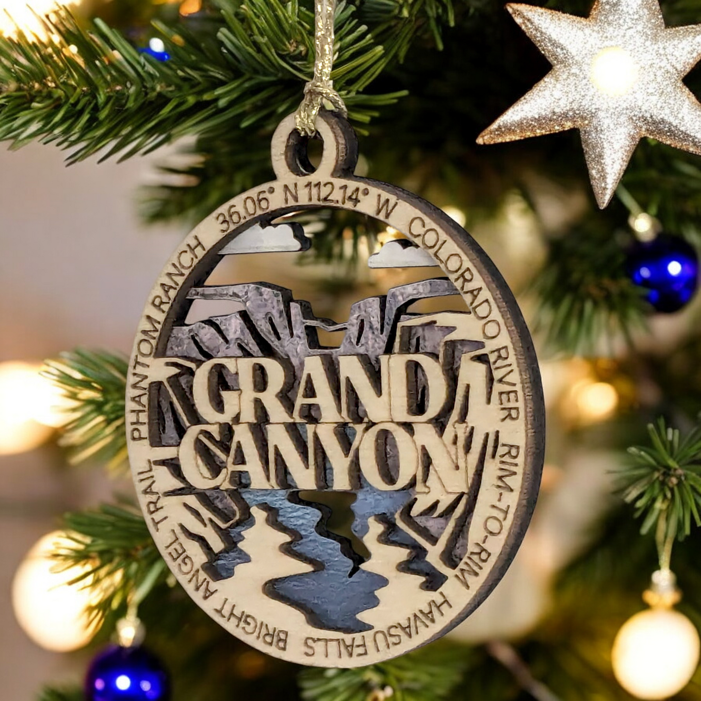 Grand Canyon National Park Handcrafted Christmas Ornament - 3" Wood Laser Cut Souvenir with Colorado River Scene - Made in USA
