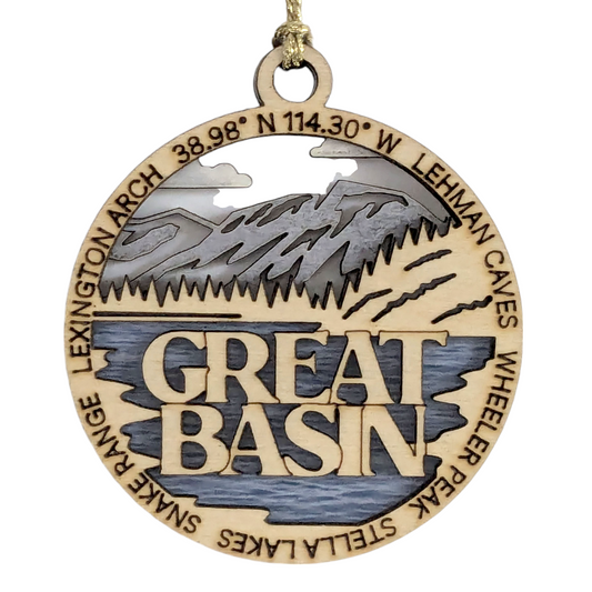 Great Basin National Park Handcrafted Wood Ornament - 3" Laser Cut Mountain Lake Scene with Wheeler Peak & Lehman Caves - USA Made Christmas Decor