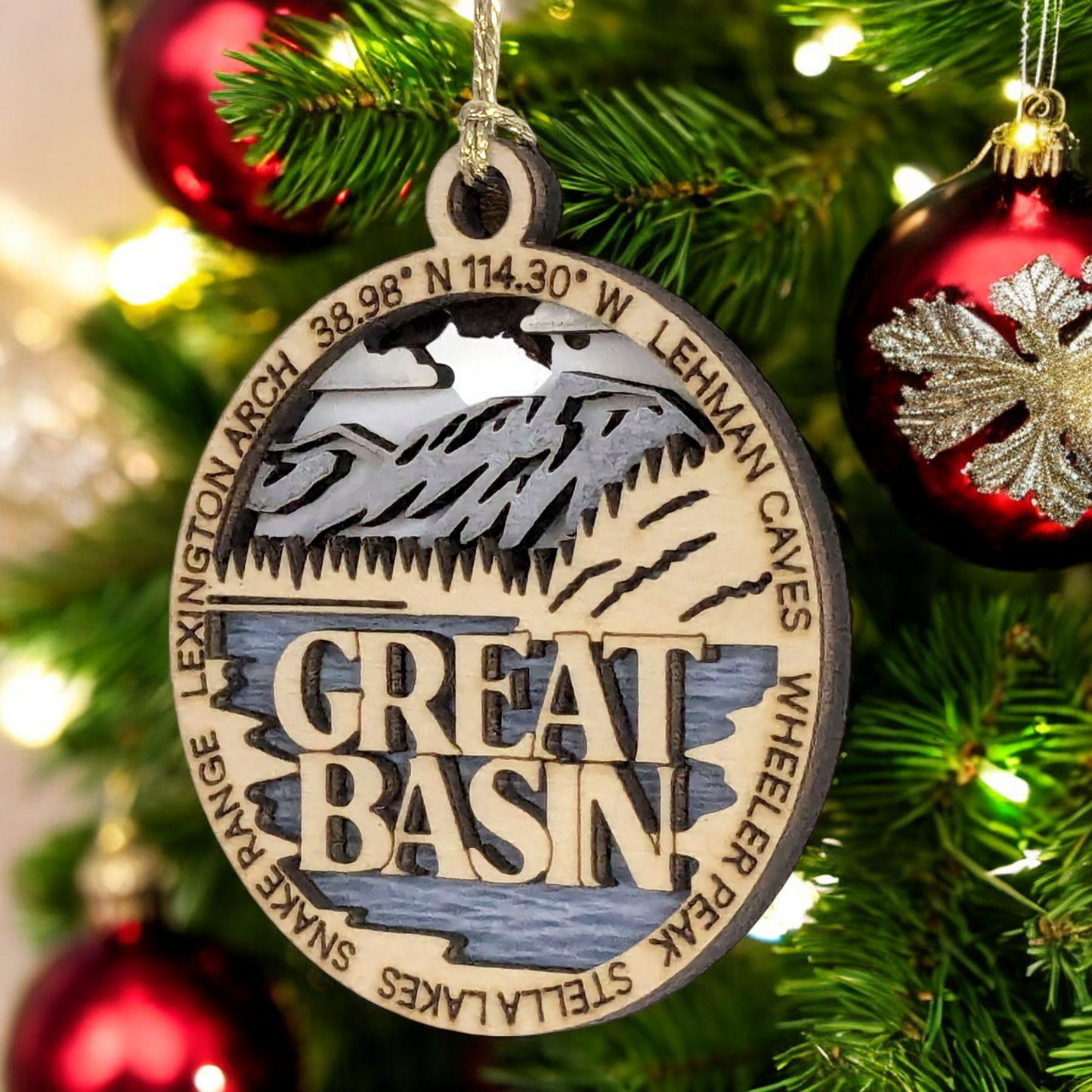 Great Basin National Park Handcrafted Wood Ornament - 3" Laser Cut Mountain Lake Scene with Wheeler Peak & Lehman Caves - USA Made Christmas Decor