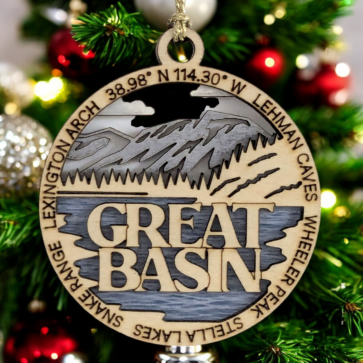 Great Basin National Park Handcrafted Wood Ornament - 3" Laser Cut Mountain Lake Scene with Wheeler Peak & Lehman Caves - USA Made Christmas Decor