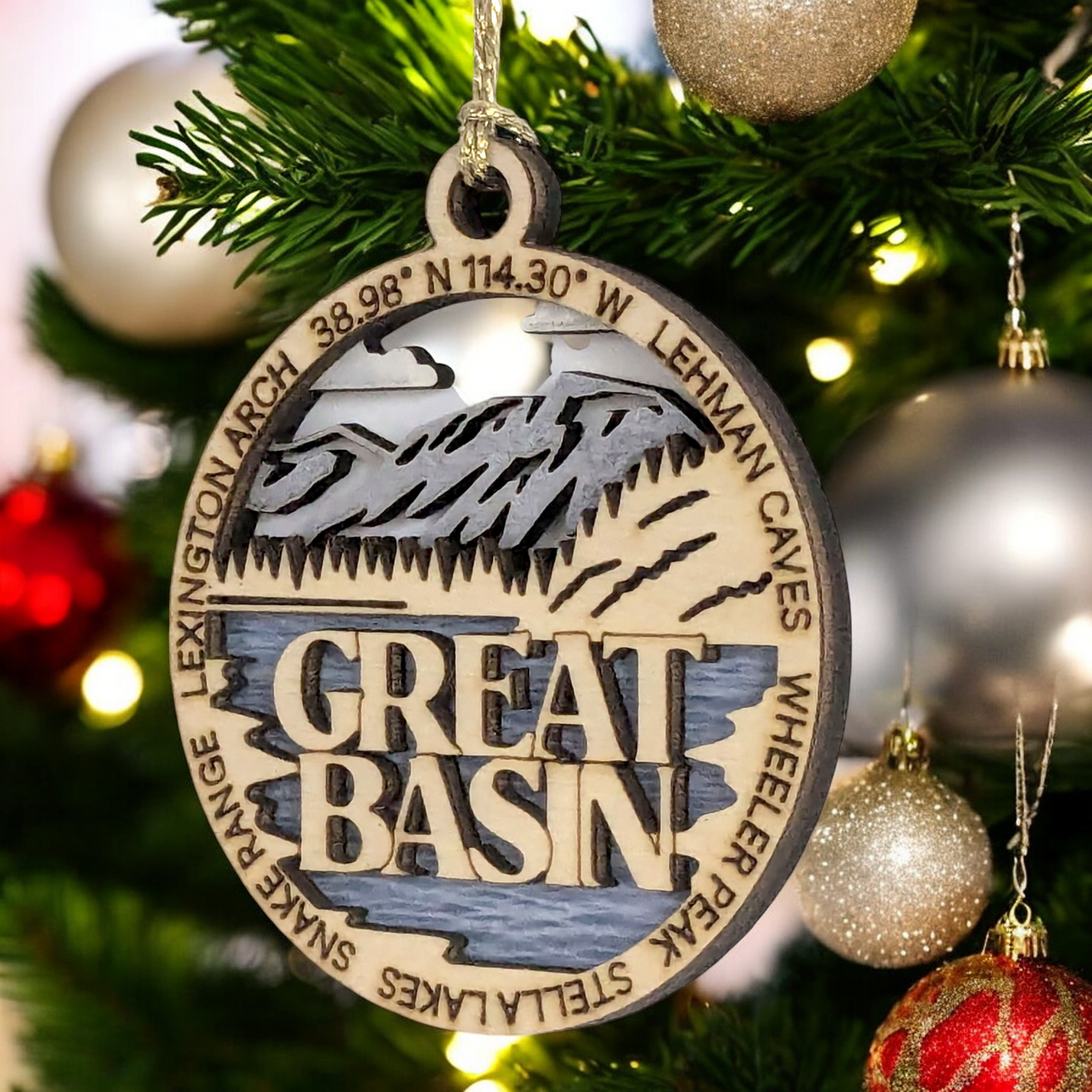 Great Basin National Park Handcrafted Wood Ornament - 3" Laser Cut Mountain Lake Scene with Wheeler Peak & Lehman Caves - USA Made Christmas Decor