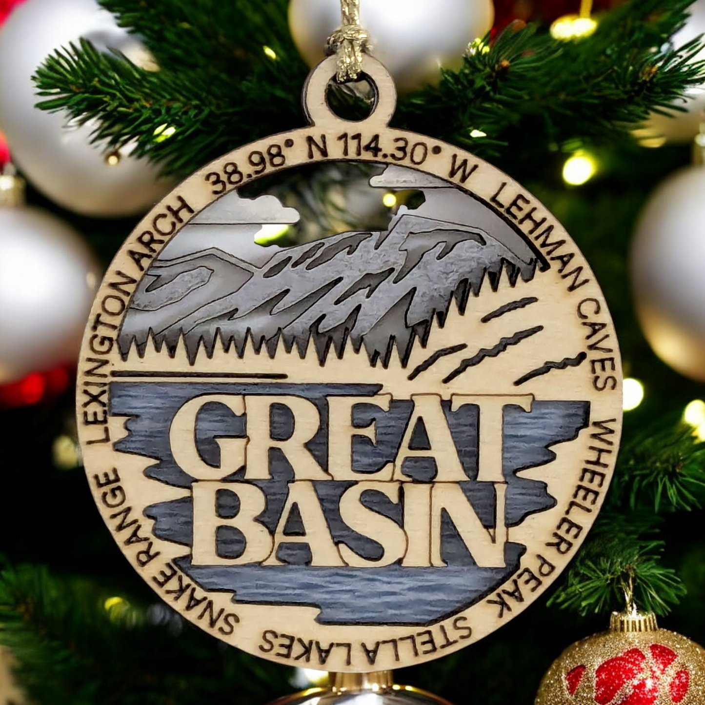 Great Basin National Park Handcrafted Wood Ornament - 3" Laser Cut Mountain Lake Scene with Wheeler Peak & Lehman Caves - USA Made Christmas Decor