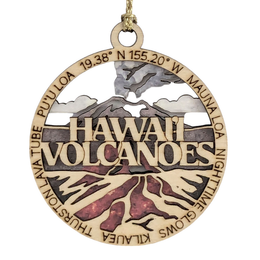 Hawaii Volcanoes National Park Ornament - Handmade Wood Laser Cut Christmas Decoration, Erupting Volcano Scene