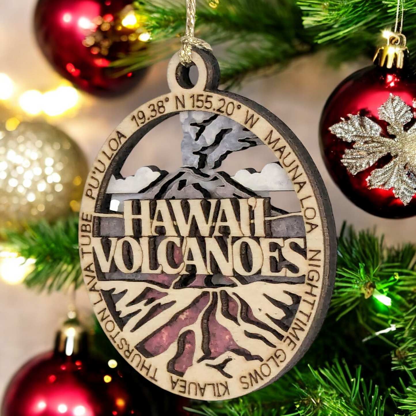 Hawaii Volcanoes National Park Ornament - Handmade Wood Laser Cut Christmas Decoration, Erupting Volcano Scene