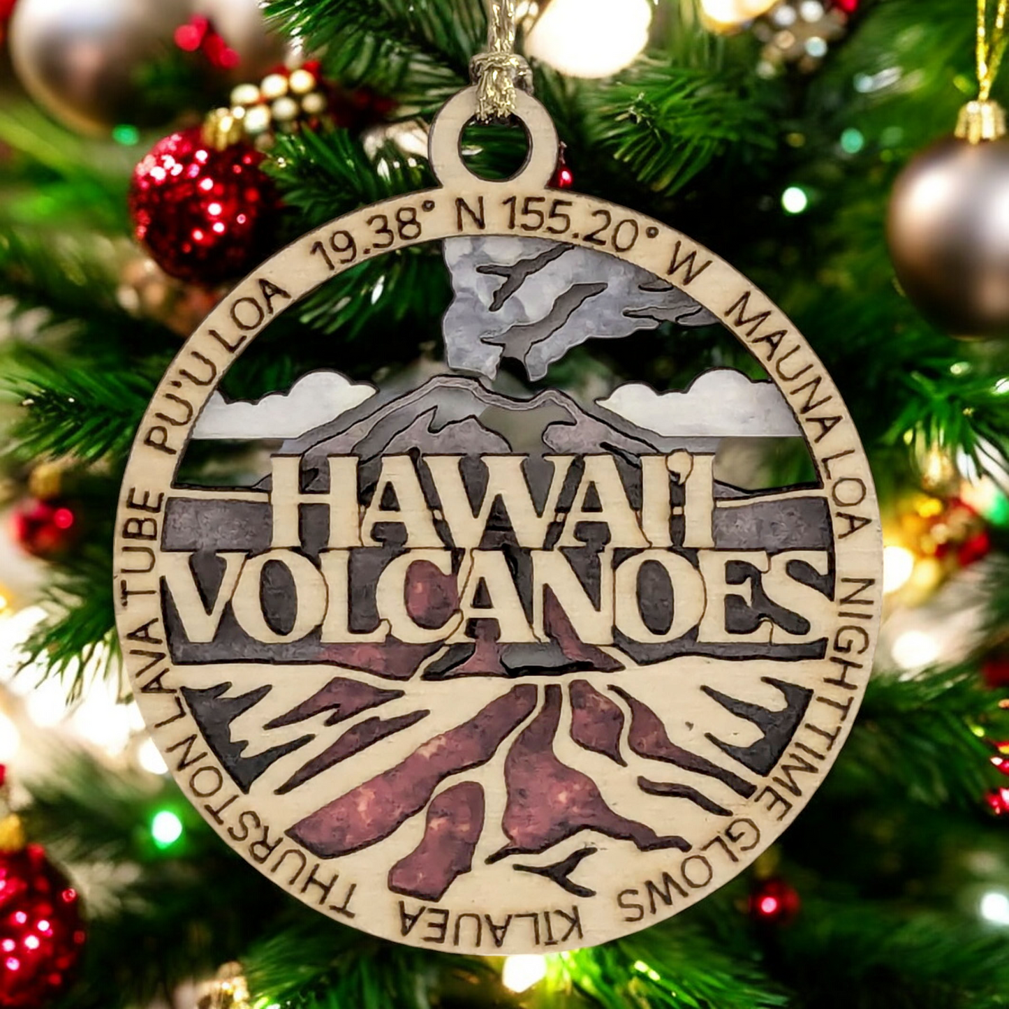 Hawaii Volcanoes National Park Ornament - Handmade Wood Laser Cut Christmas Decoration, Erupting Volcano Scene