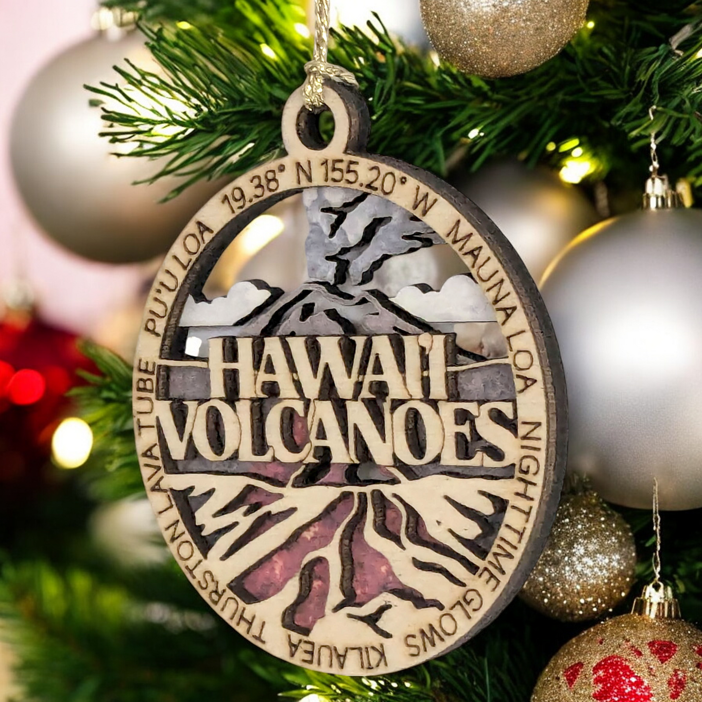 Hawaii Volcanoes National Park Ornament - Handmade Wood Laser Cut Christmas Decoration, Erupting Volcano Scene