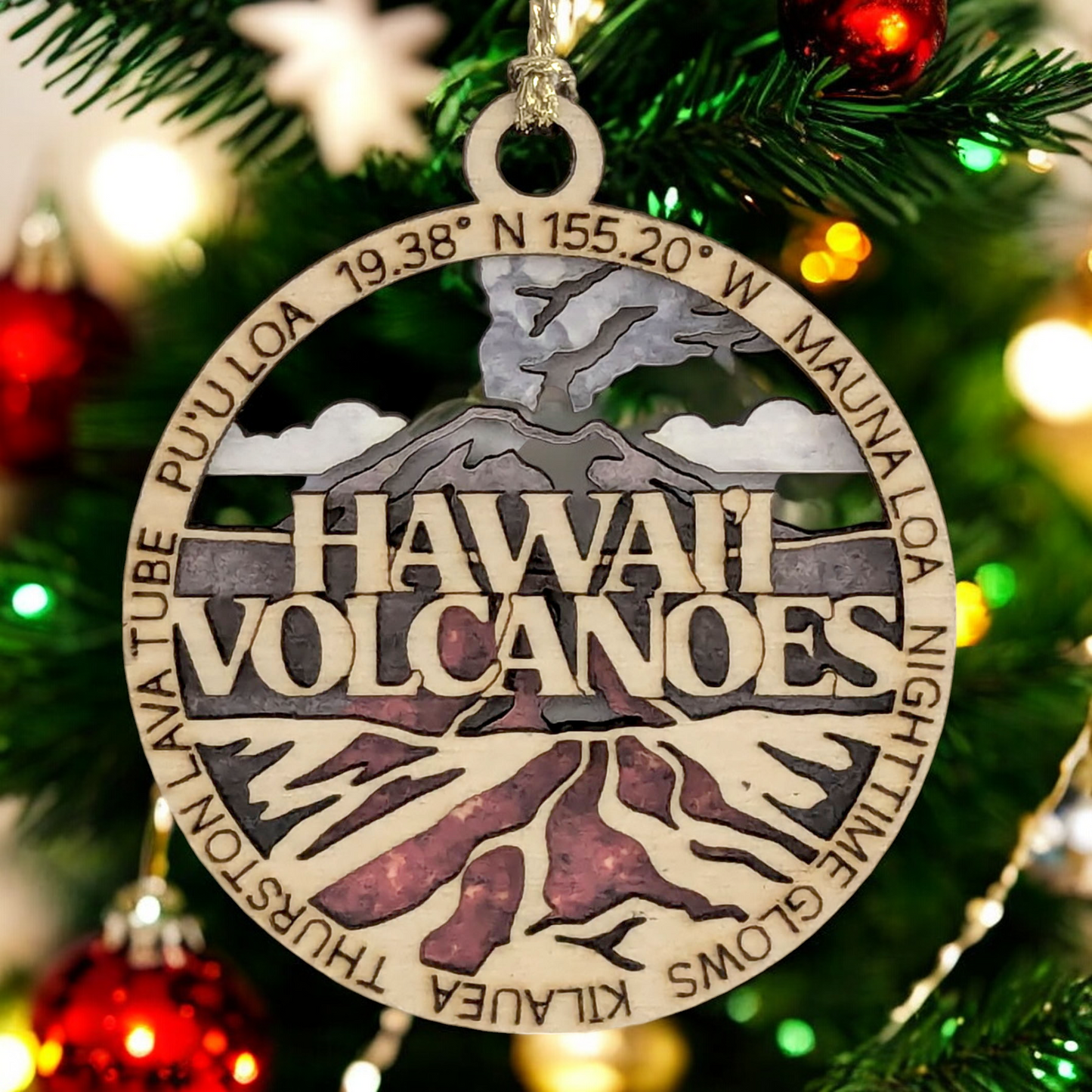 Hawaii Volcanoes National Park Ornament - Handmade Wood Laser Cut Christmas Decoration, Erupting Volcano Scene