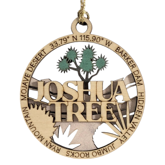 Joshua Tree National Park 3" Christmas Ornament - Laser Cut Wood, 2-Layer Design featuring Mojave Desert Landscape, USA-Made