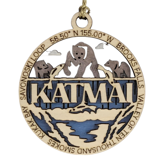 Katmai National Park Handcrafted Wood Ornament - 3" Bear Scene Christmas Decoration, Laser Cut in USA