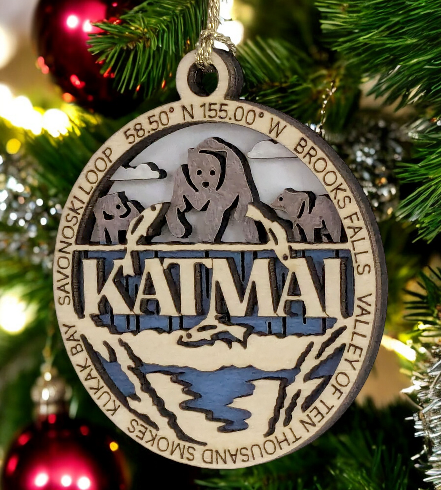 Katmai National Park Handcrafted Wood Ornament - 3" Bear Scene Christmas Decoration, Laser Cut in USA