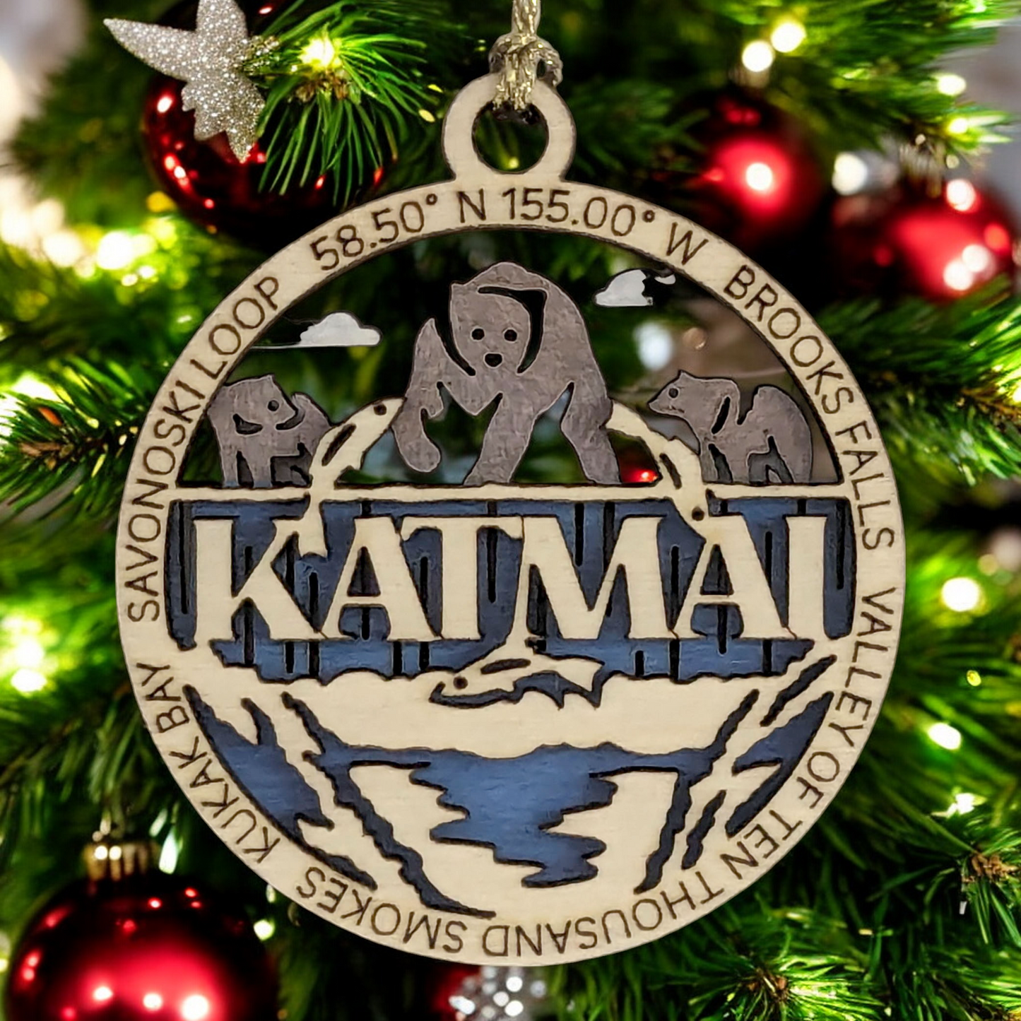 Katmai National Park Handcrafted Wood Ornament - 3" Bear Scene Christmas Decoration, Laser Cut in USA