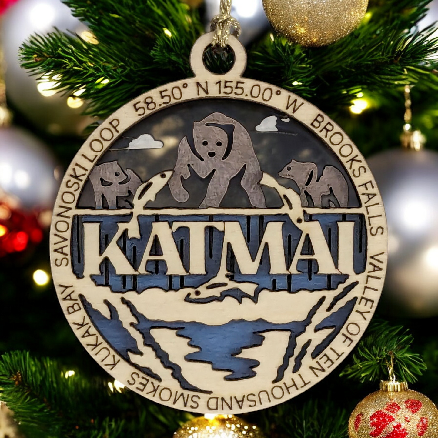 Katmai National Park Handcrafted Wood Ornament - 3" Bear Scene Christmas Decoration, Laser Cut in USA