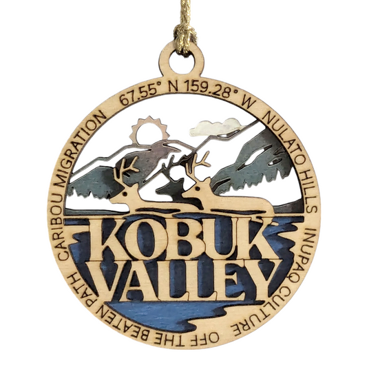 Kobuk Valley National Park Ornament - Handcrafted Wood Caribou Scene, Alaska Christmas Decor