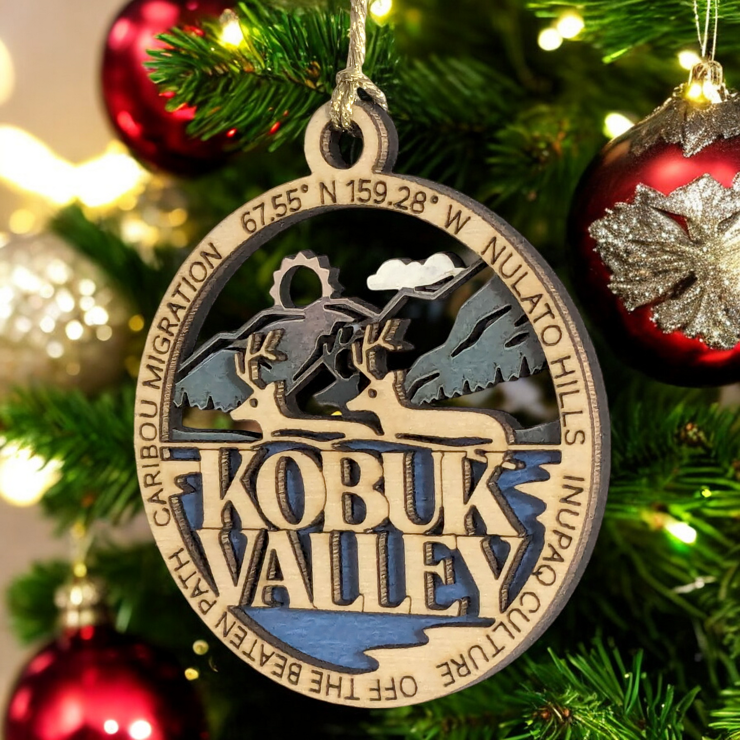 Kobuk Valley National Park Ornament - Handcrafted Wood Caribou Scene, Alaska Christmas Decor