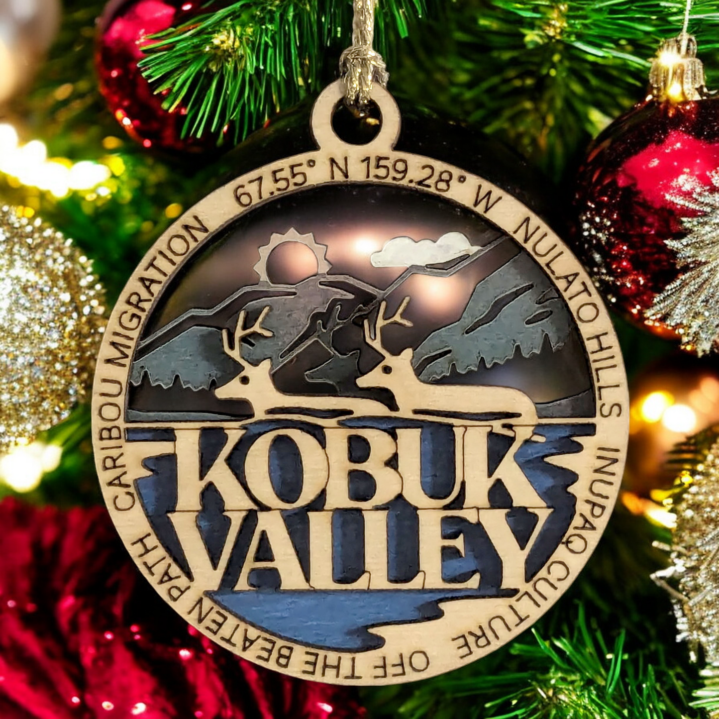 Kobuk Valley National Park Ornament - Handcrafted Wood Caribou Scene, Alaska Christmas Decor