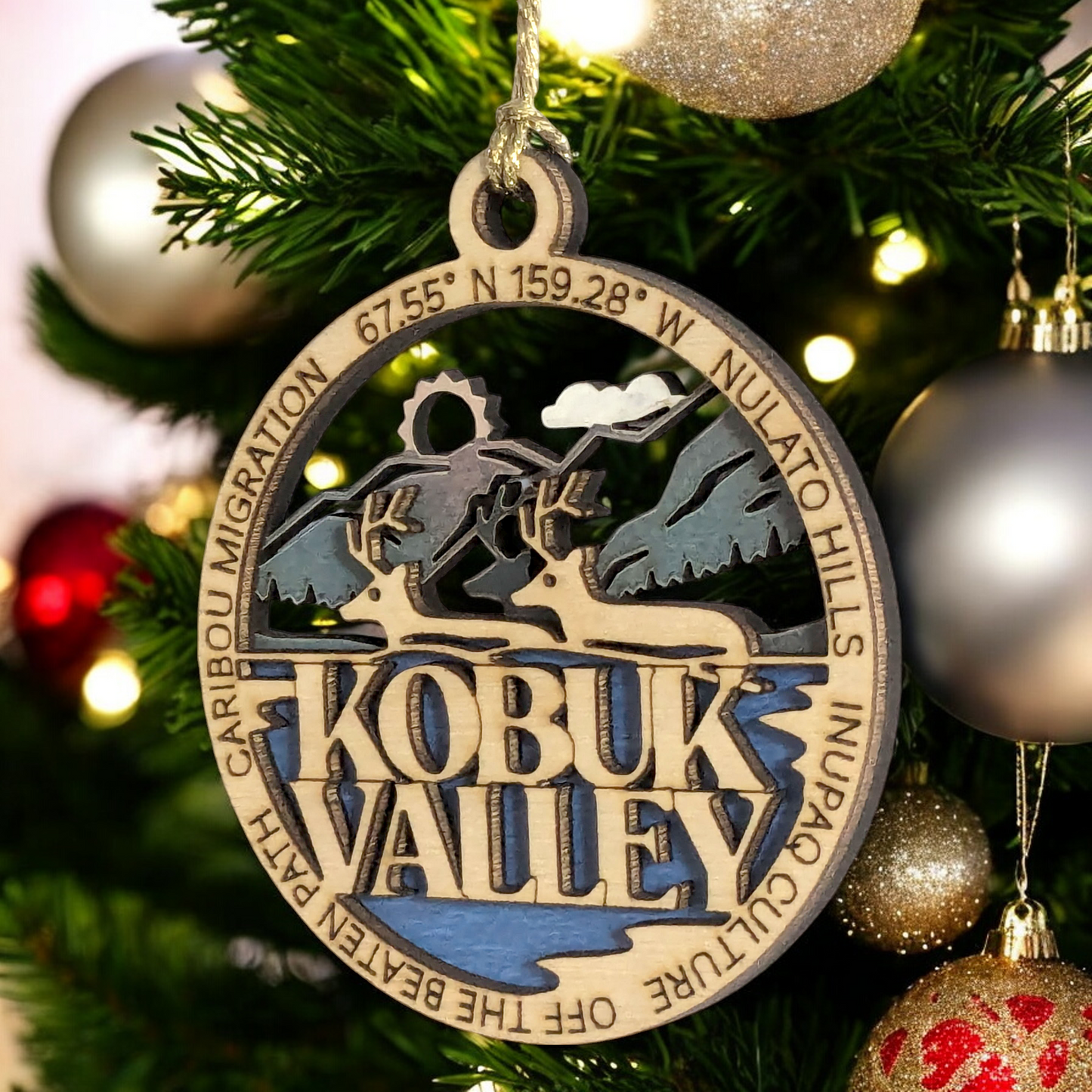 Kobuk Valley National Park Ornament - Handcrafted Wood Caribou Scene, Alaska Christmas Decor