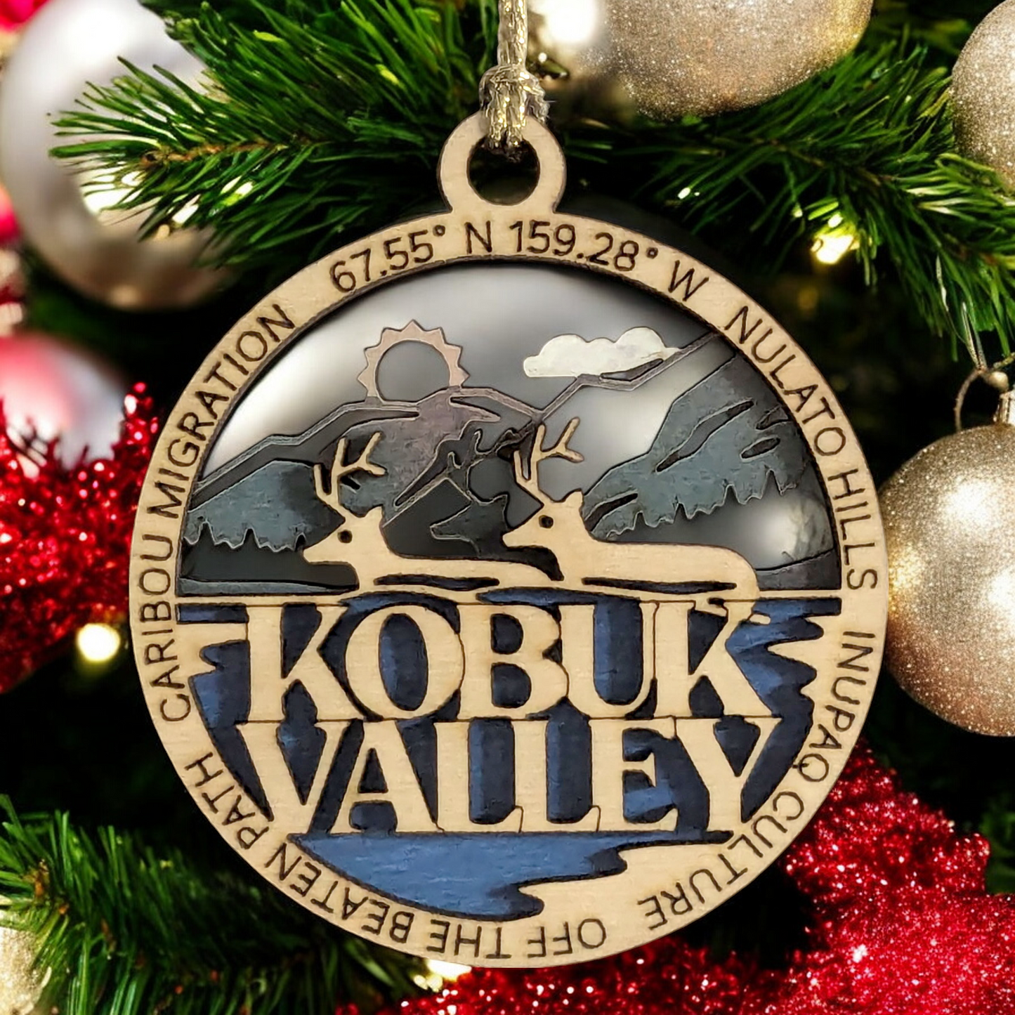 Kobuk Valley National Park Ornament - Handcrafted Wood Caribou Scene, Alaska Christmas Decor