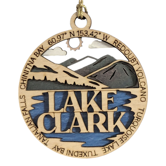 Lake Clark National Park 3" Wood Ornament - Handmade Laser Cut Christmas Decoration featuring Redoubt Volcano & Turquoise Lake