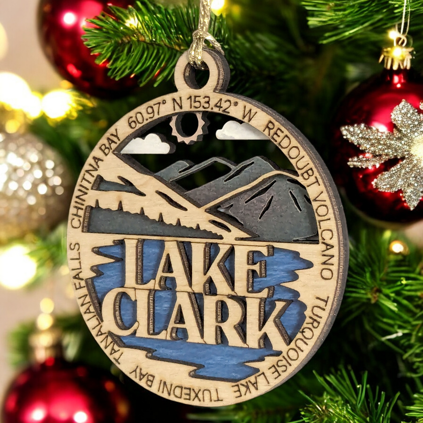 Lake Clark National Park 3" Wood Ornament - Handmade Laser Cut Christmas Decoration featuring Redoubt Volcano & Turquoise Lake