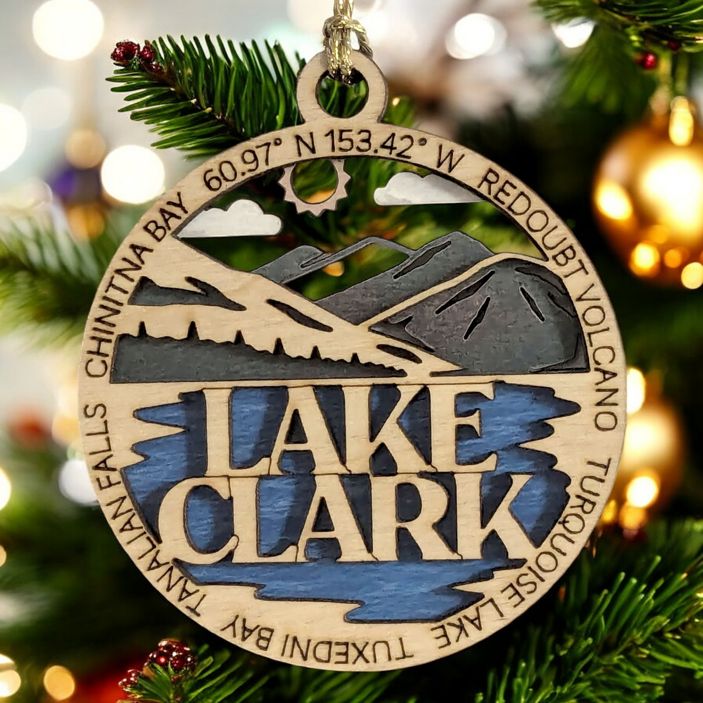 Lake Clark National Park 3" Wood Ornament - Handmade Laser Cut Christmas Decoration featuring Redoubt Volcano & Turquoise Lake