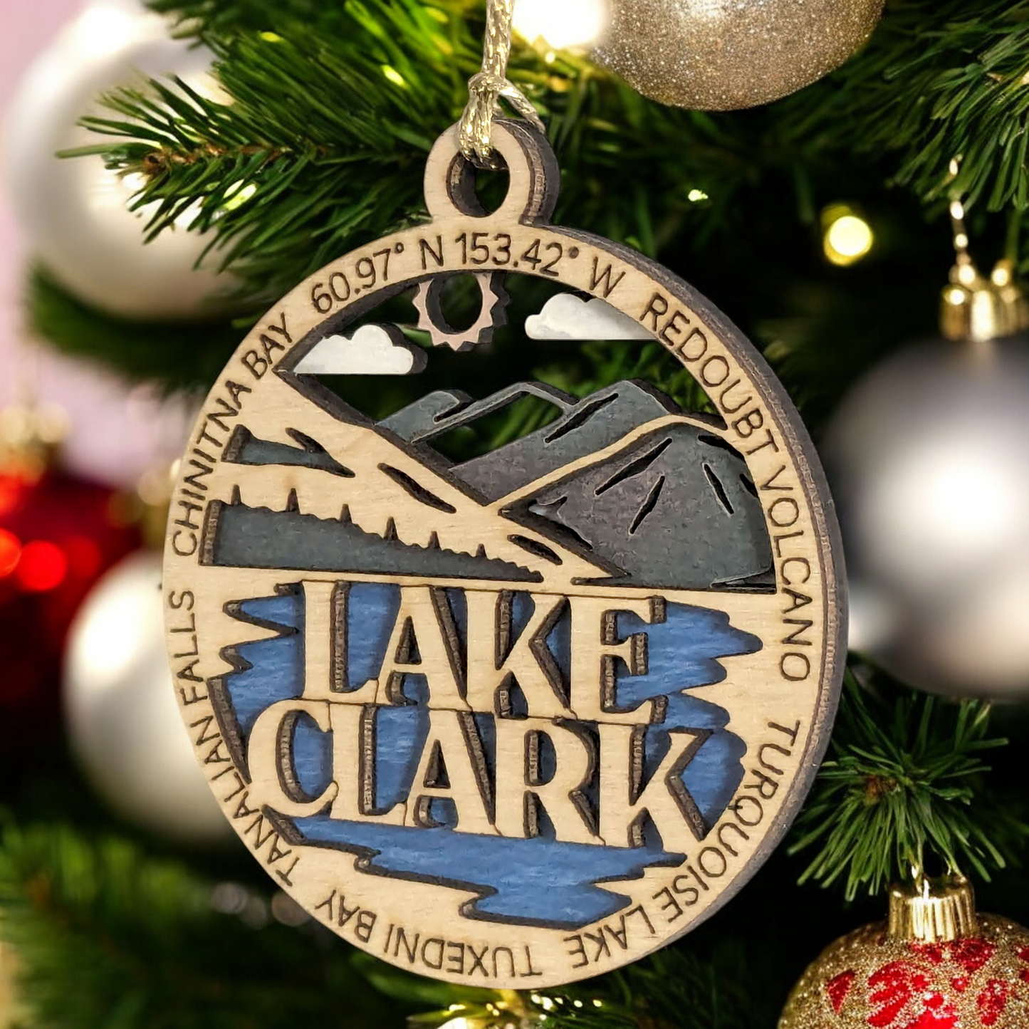 Lake Clark National Park 3" Wood Ornament - Handmade Laser Cut Christmas Decoration featuring Redoubt Volcano & Turquoise Lake
