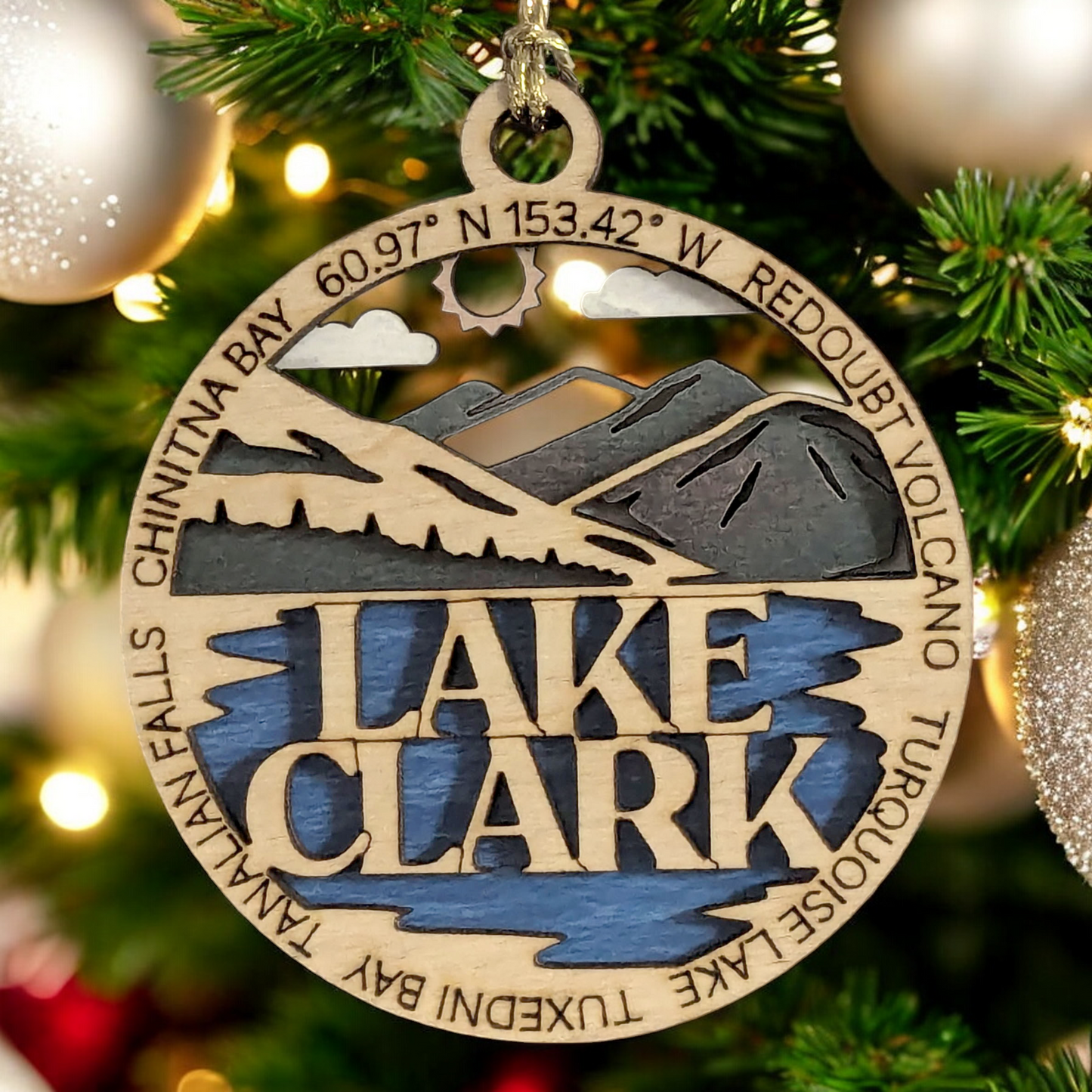 Lake Clark National Park 3" Wood Ornament - Handmade Laser Cut Christmas Decoration featuring Redoubt Volcano & Turquoise Lake